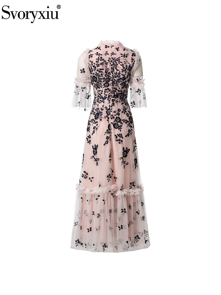 Svoryxiu moda pasarela verano Rosa elegante vestido largo mujer volantes cuello media manga hilo de red vestido bordado Floral