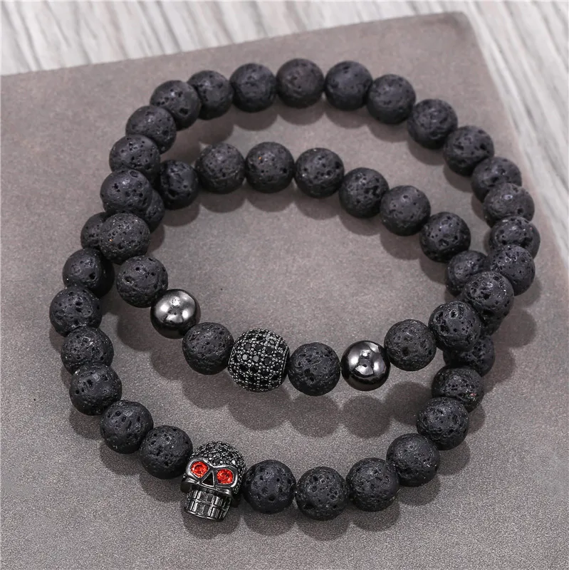 2 Pçs/set Preto Crânio Contas de Pedra De Lava Pulseira Pulseiras do Sexo Masculino Homens Liga Beads Charme Pulseiras Mulheres Homens Estilo Punk Bangle