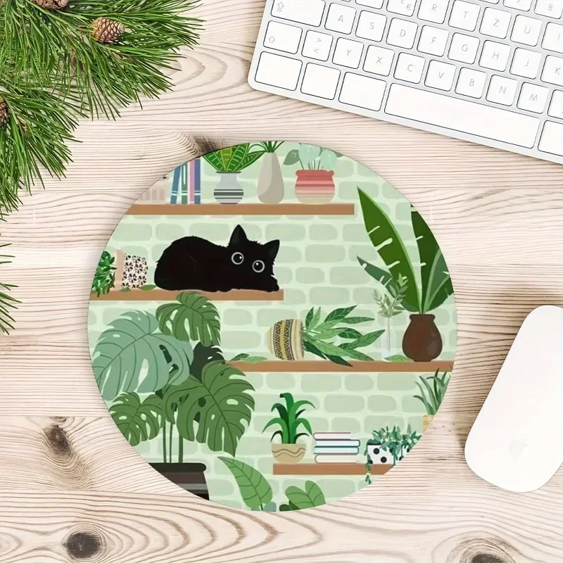 Black Cat Round Mouse Pad Non-Slip Washable Rubber Base Perfect for Office Computers and Laptops, 20x 20cm Desk Mat Mouse Mat
