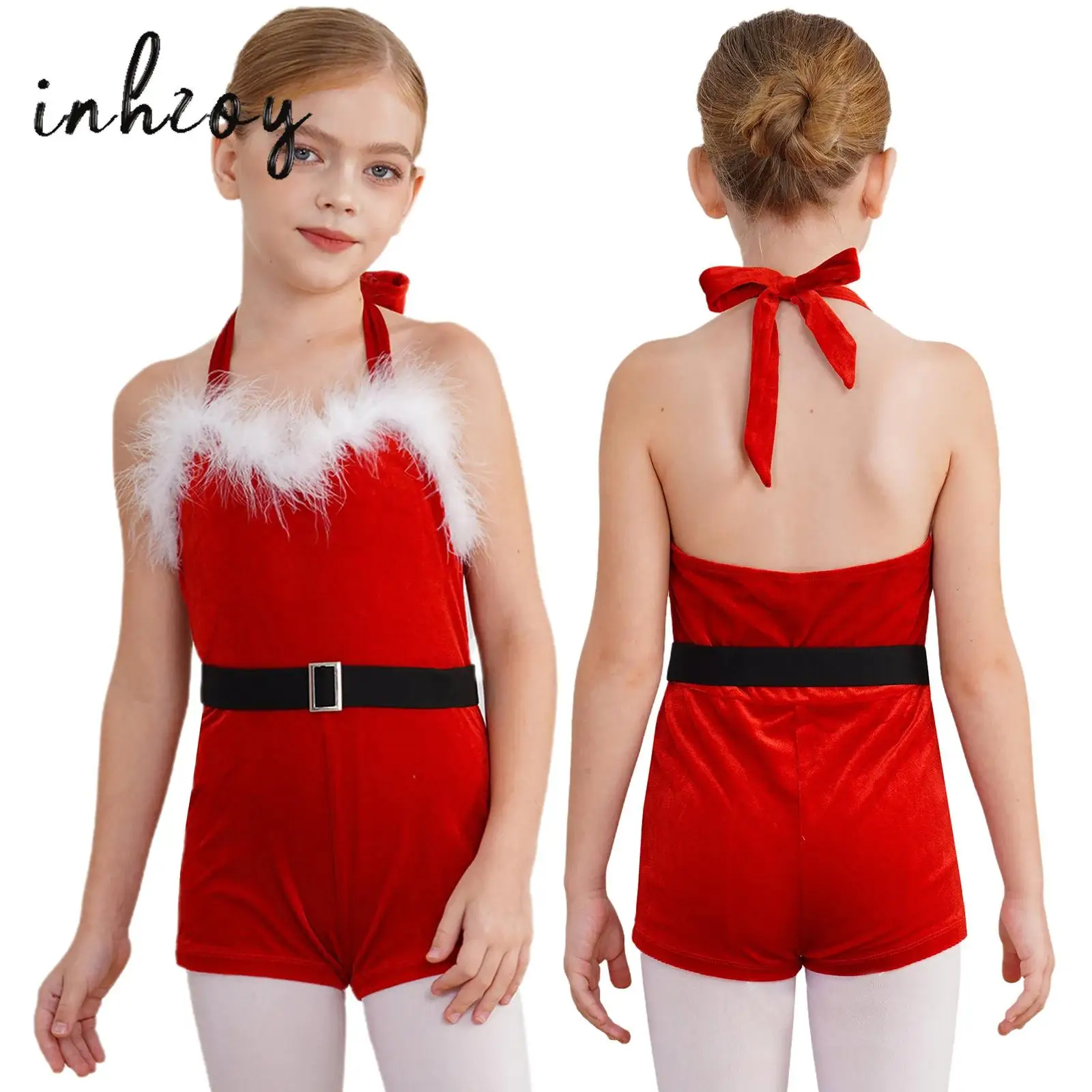 

Kids Girls Christmas Dance Costume Halter Neck Sleeveless Velvet Bodysuit Jumpsuit Unitard for Xmas Santa Sweetie Performance