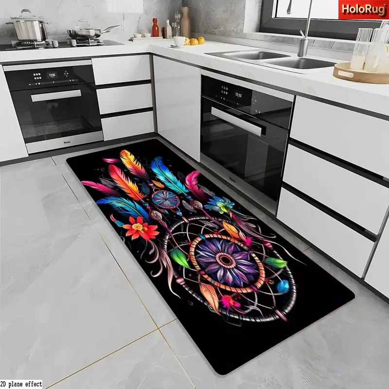 Colorful Dreamcatcher Feather Kitchen Bath Mat, Non-Slip Soft Absorbent Long Floor Rug with Boho Floral Print for Bohemian Home