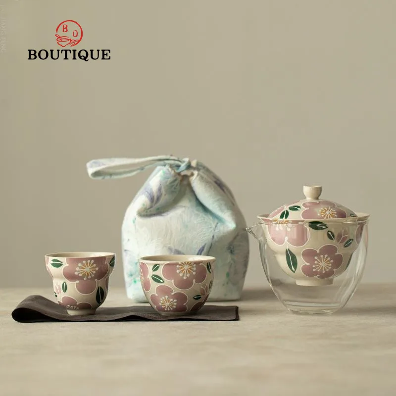 

Дорожный чайный сервиз Purple Sakura, портативный 1 горшок, 2 чашки с тканевым пакетом, быстрая чашка, уличные чайные чашки, глиняный чайный сервиз для кунг-фу, керамический подарок