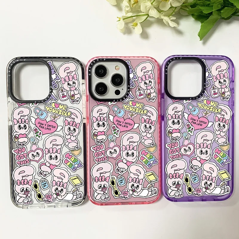 Silicone Soft Case For Iphone 11 14 15 Pro Max Cute Pink Rabbit Sticker Funda 12 13 Pro 7 8 Plus SE2 XR XS Shockproof Bumper