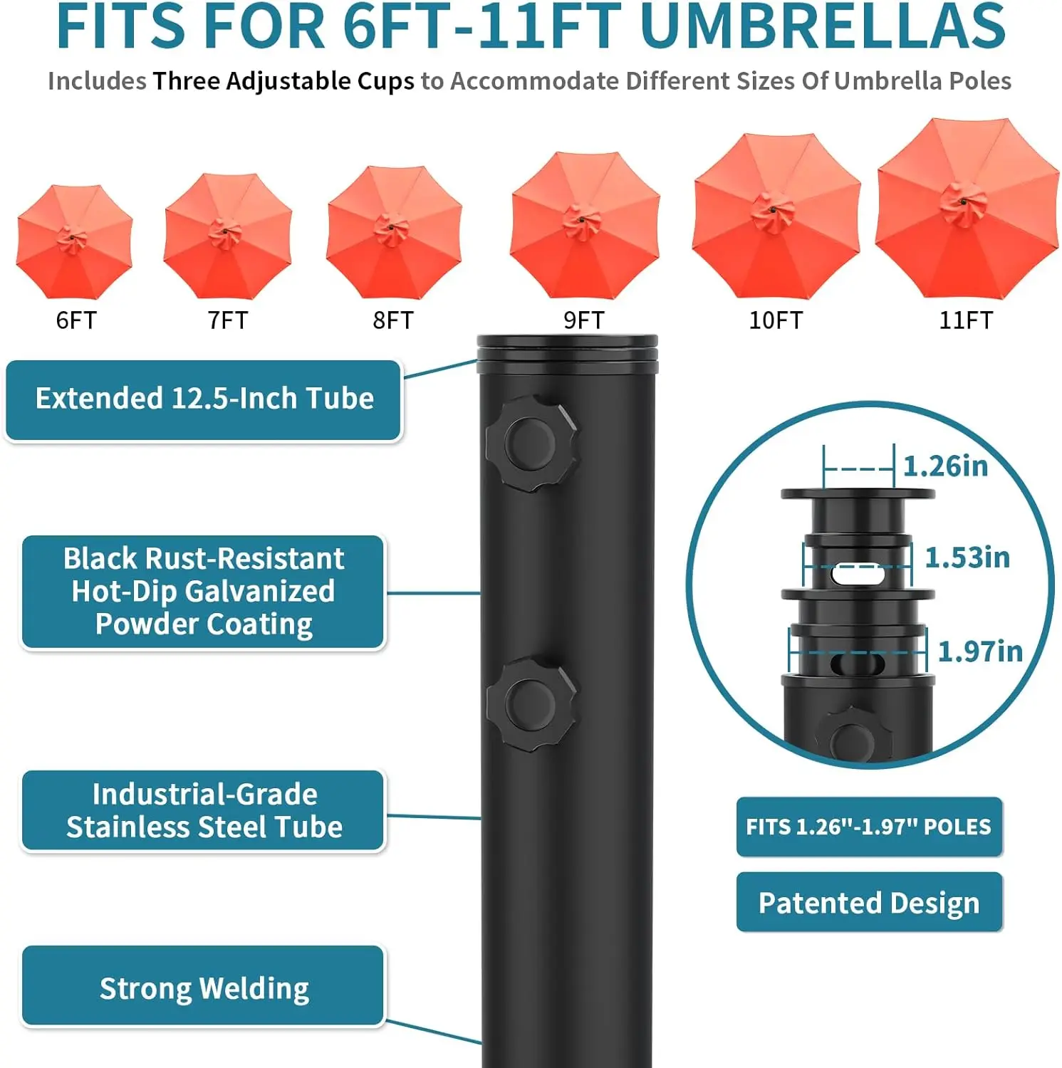 قاعدة مظلة بعجلات، حامل مظلة زارع قابل للتعبئة بسعة 150 رطل، حامل مظلة فولاذي مقاوم للصدأ مع مقبض ونملة