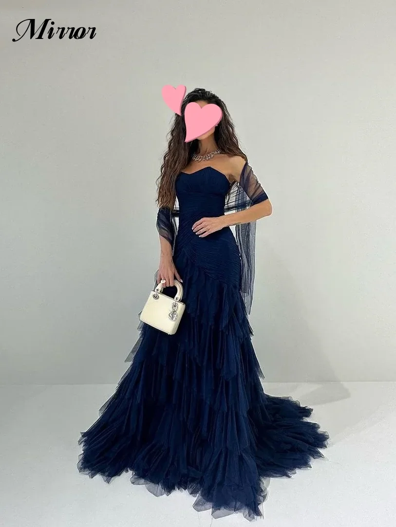 Gaun cermin elegan Vintage sederhana biru Ruffle pita tanpa tali menyesuaikan acara Formal gaun pesta malam gaun Prom