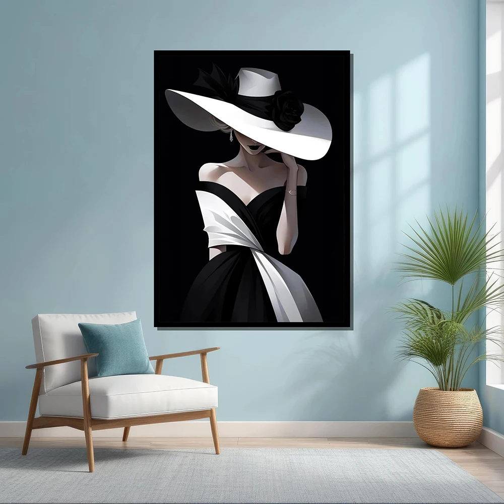 Elegant Frameless Canvas Wall Art, Modern Abstract Woman with Hat, Black and White Poster,  Decorative Print for Living Room and