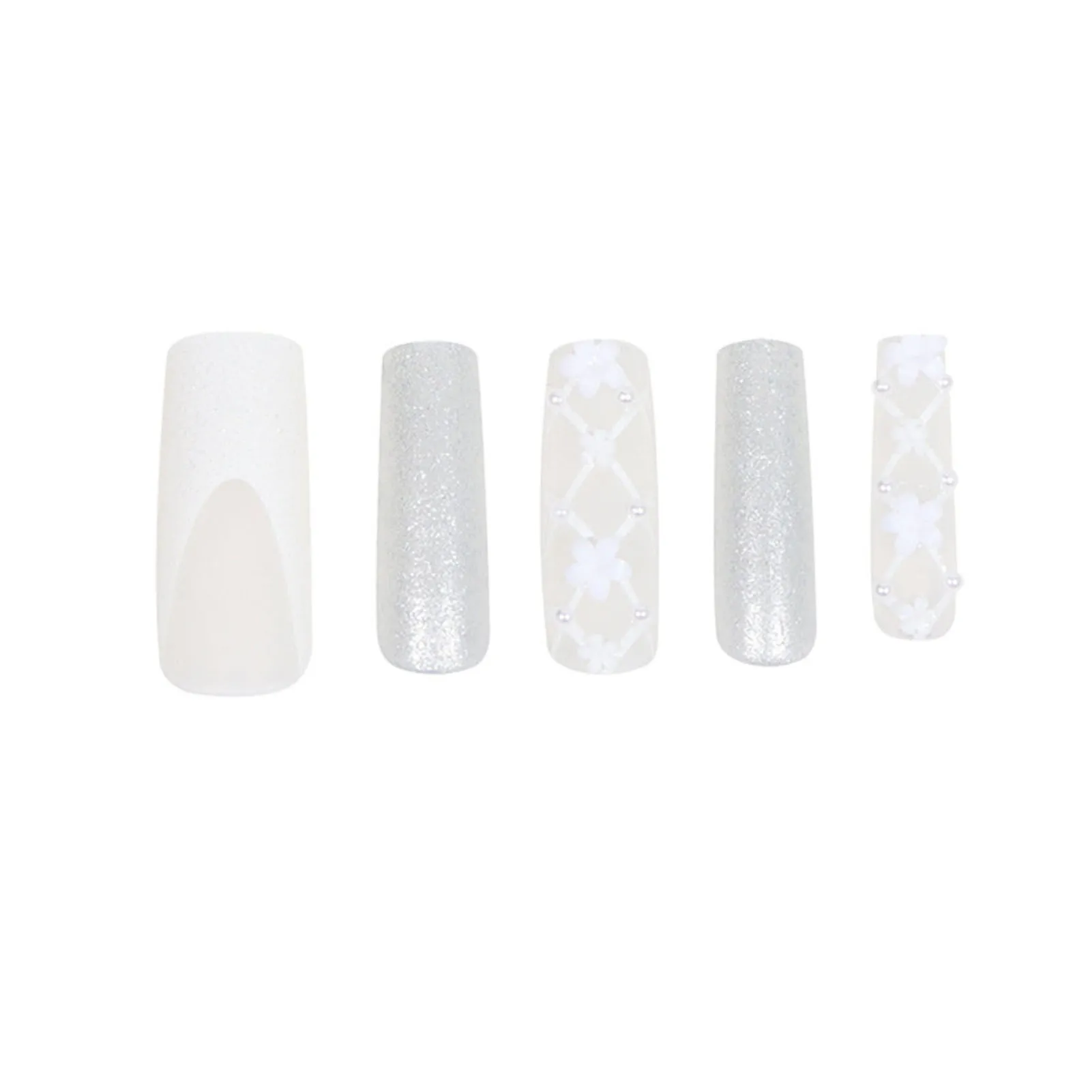 Uñas postizas blancas largas mate, estilo de boda, decoración de perlas para salón de belleza, Expert and Naive Women