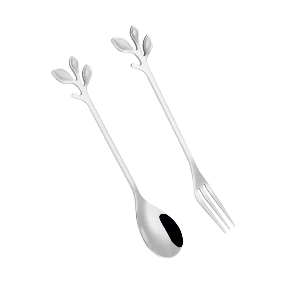 

2Pcs Leaf Shape Stainless Steel Ice Cream Spoon Long Handle Coffee Dessert Spoon Fork Set Mirror Polish
