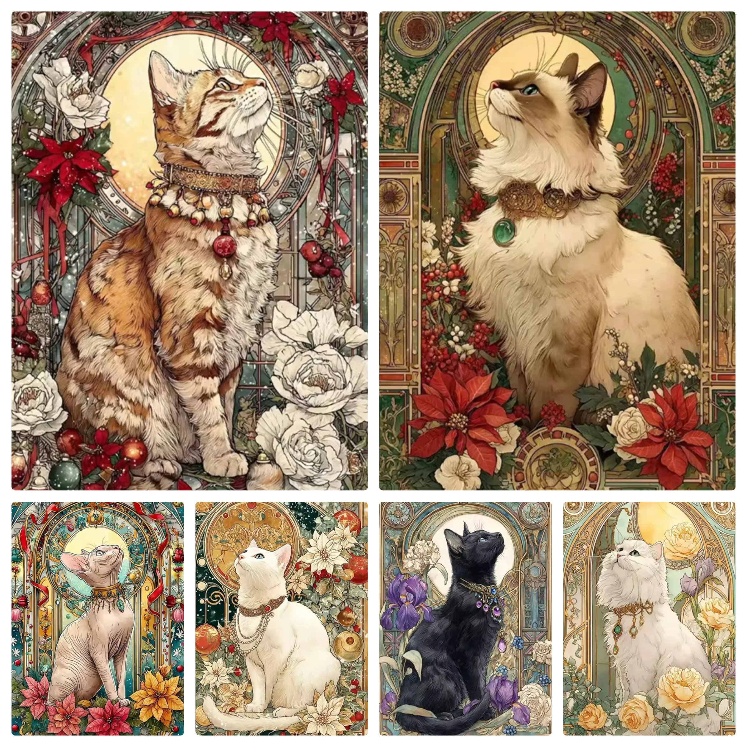 5D DIY Diamantmalerei im Mucha-Stil: Katze, Vollquadrat- und Rundmosaik-Stickerei, Komplettes Set, Weihnachten 2026, Handgemachte Wanddekoration