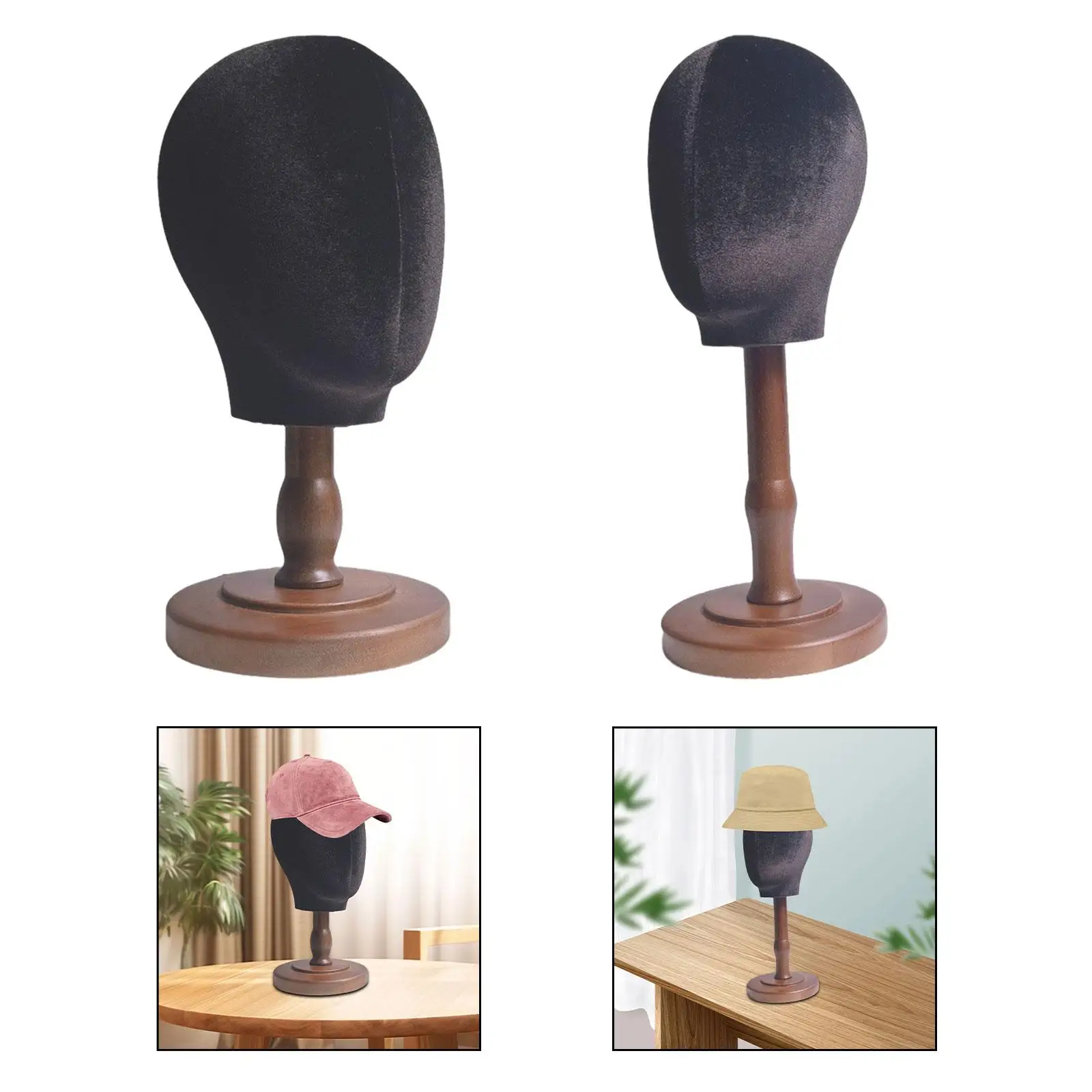 Cap Display Holder Wig Display Stand Professional Head with Wooden Base Multipurpose Sturdy Cap Stand Mannequin Head (Black)