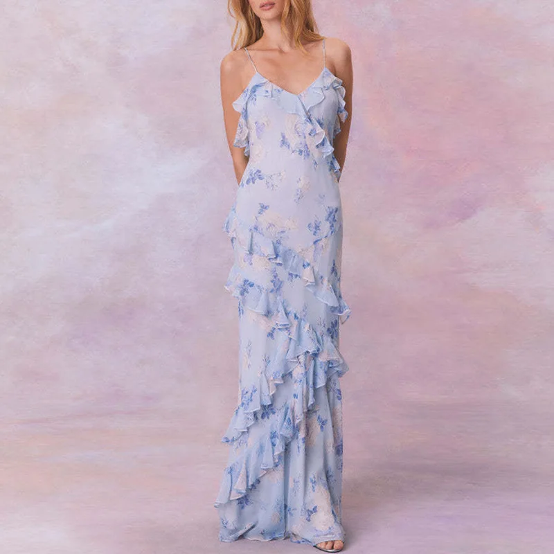 Boho Spring Scollo a V Volant Abito con cinturino per spaghetti Moda Stampa floreale Abiti lunghi slim Abiti maxi estivi vuoti senza schienale da donna