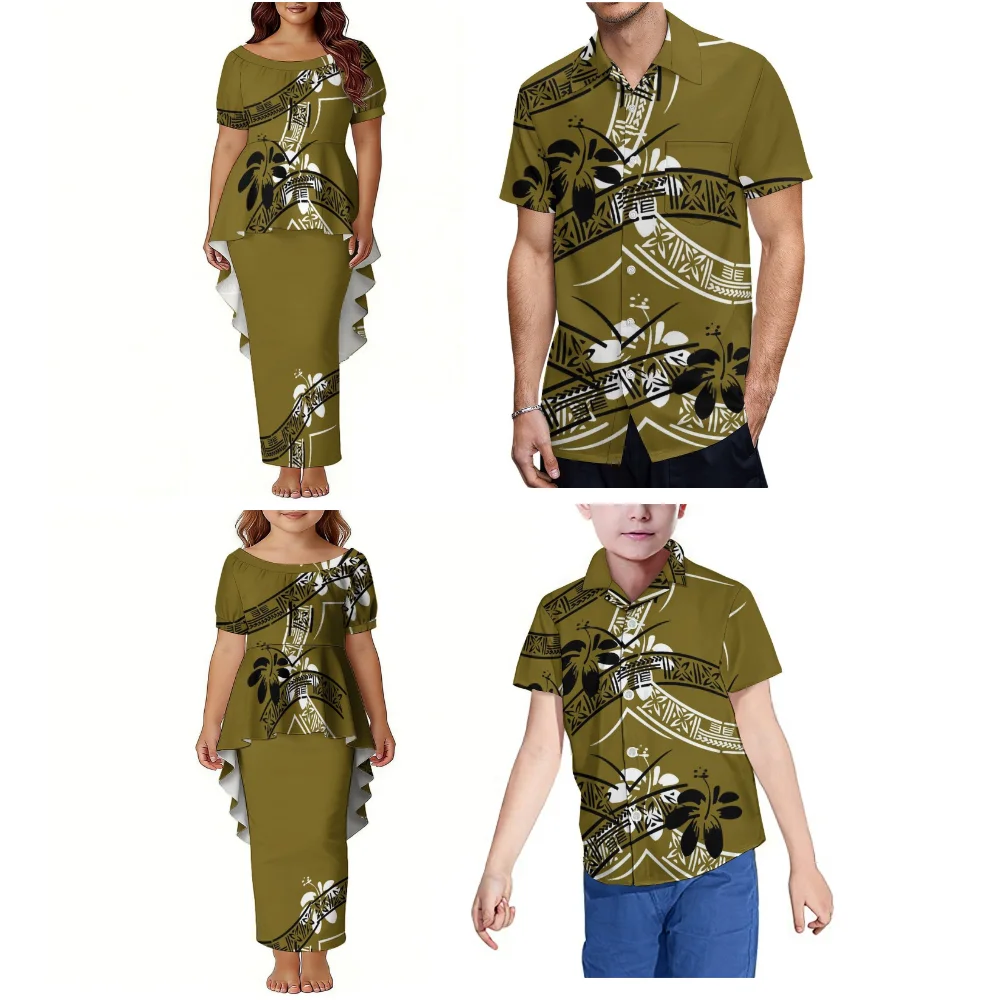 Custom Pattern Family Outfit Bubble Sleeve Dovetail Put Puletasi Ladies Girl Suit Skirt Polynesia Men Boys Short Sleeve Shirt