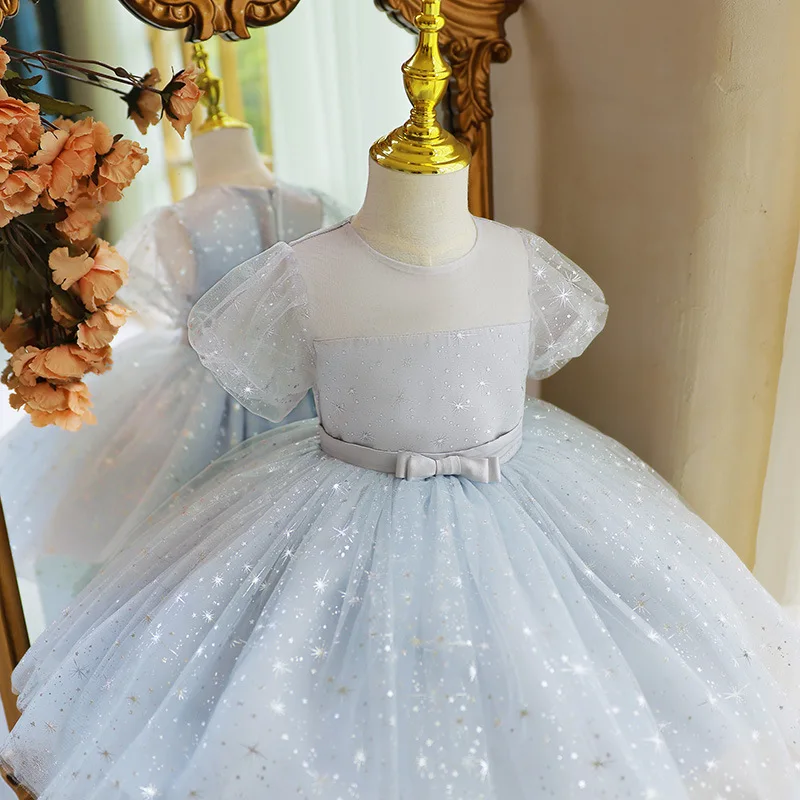Custom Flower Girl Dress Wedding Gown Birthday Party Pageant Dress Puff Sleeve Star Sequin Tulle Dress With Bow For Girls فساتين