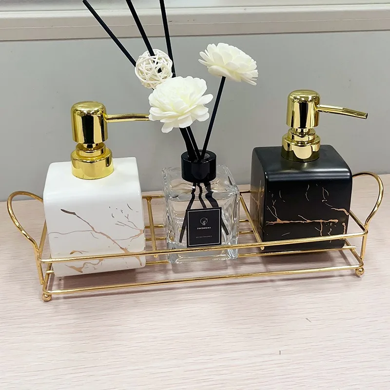 Luxury Gold Plated Marble Ceramic Lotion Bottle Portable Shampoo Moisture Bottled Sanitizer Soap Dispenser Bathroom Accessories