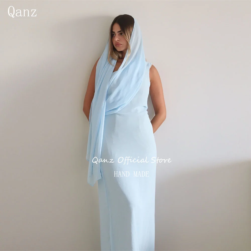 

Qanz Sky Blue Chiffon Prom Dresses Sleeveless Mermaid Formal Evening Dress Vestido De Festa Elegante Feminino Luxo Customized