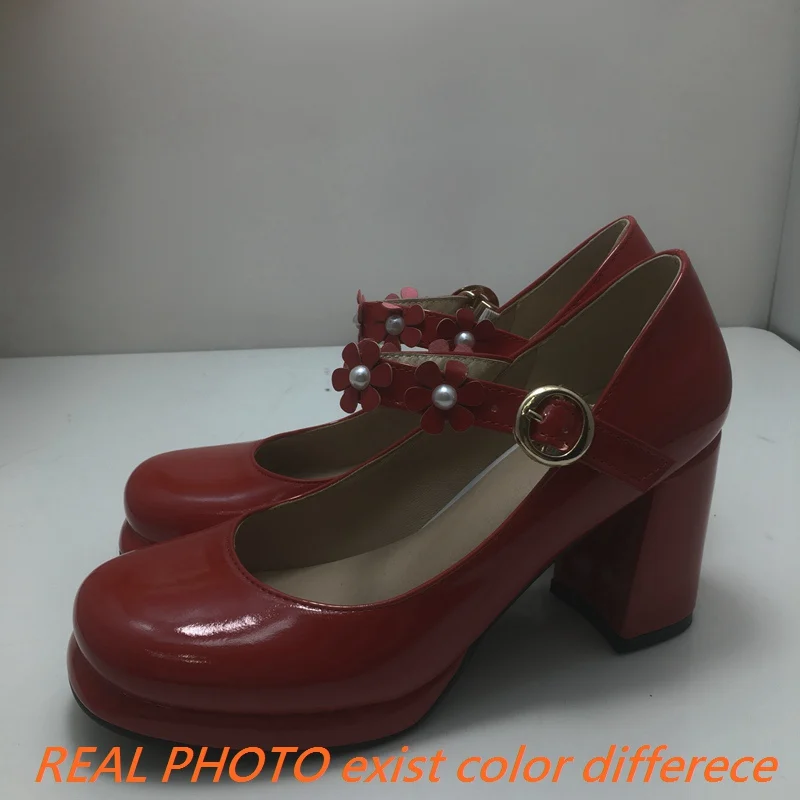 REAVE CAT 2024 Sweet Women Pumps Shoes 1.5cm Platform Round Toe 8cm Thick Heel Patent Leather Buckles Big Size 43 44