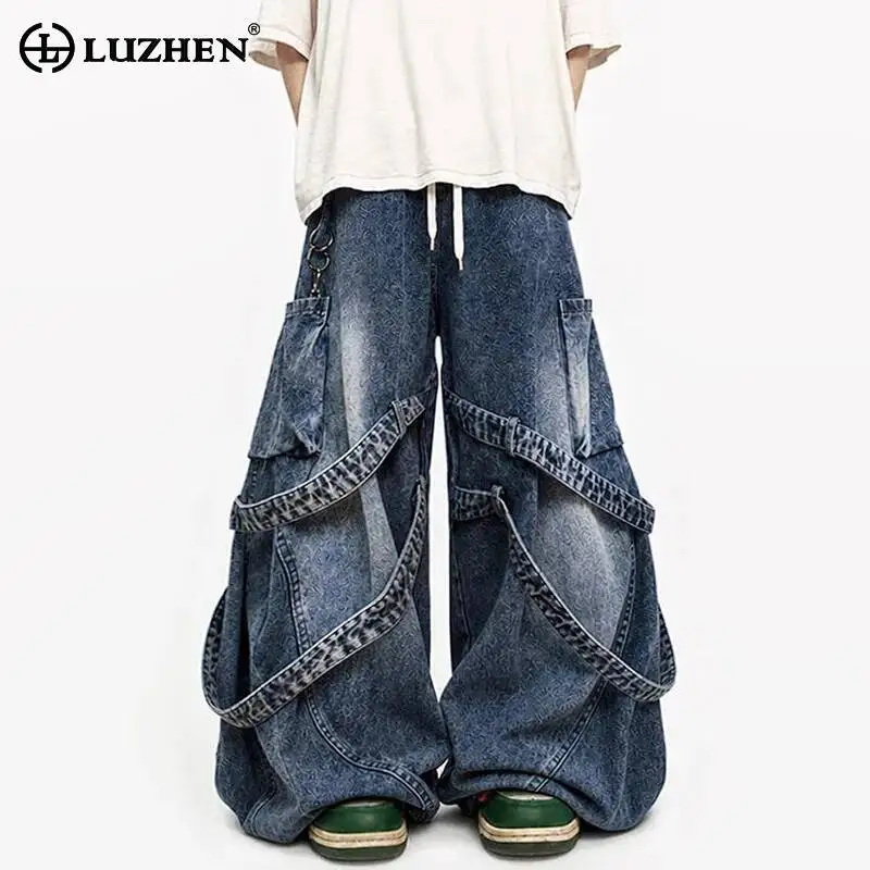 LUZHEN 2026 New Trendy Ribbon Decorate Patchwork Baggy Denim Pants Men's Street Hip -hop Style Elastic Waist Denim Pants JY7851