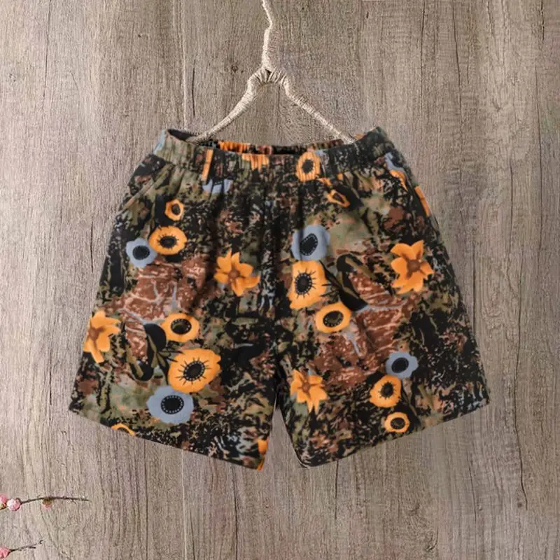 Women Summer Vintage Cotton and Linen Casual Large Size Printing High Waist Wide Leg Ladies Fashion Printing Appear Thin Shorts