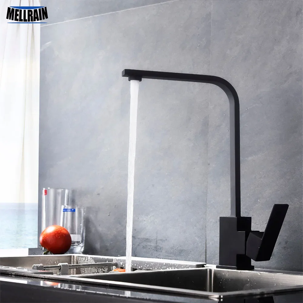 Matt Black Color Square Style Kitchen Mixer Faucet SUS304 Material Rotation Single Hole Deck Mounted Kitchen Sink Water Tap