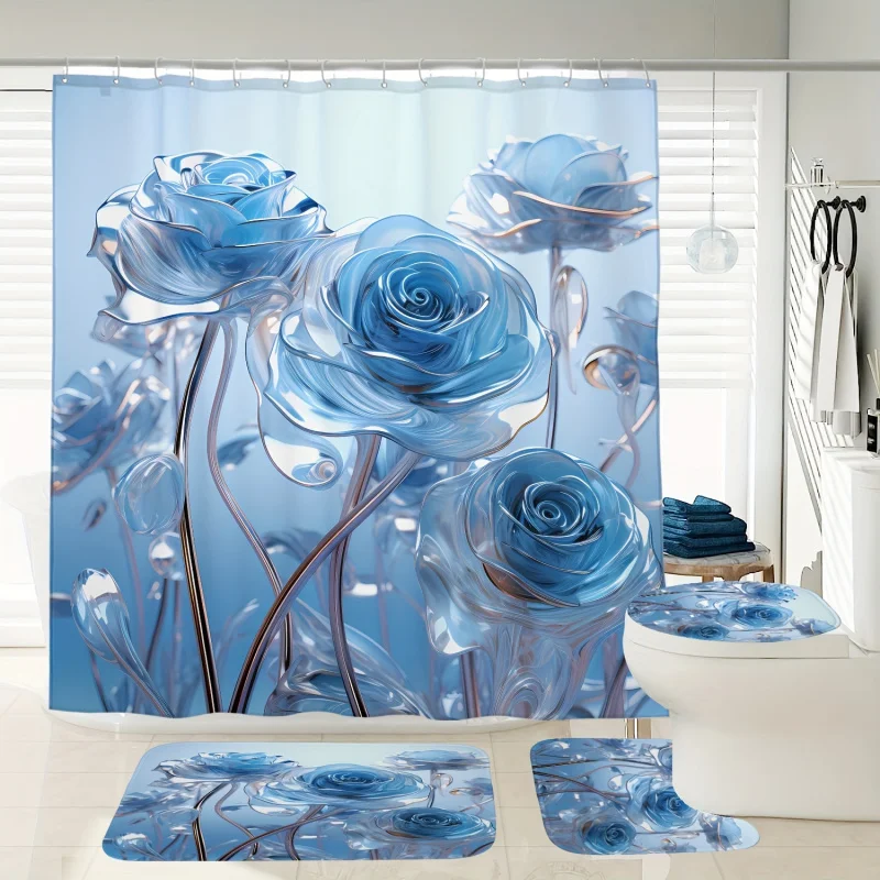 Blue Rose Floral digital print waterproof shower curtain set, modern home bathroom decor with rug and toilet lid cover, cordless