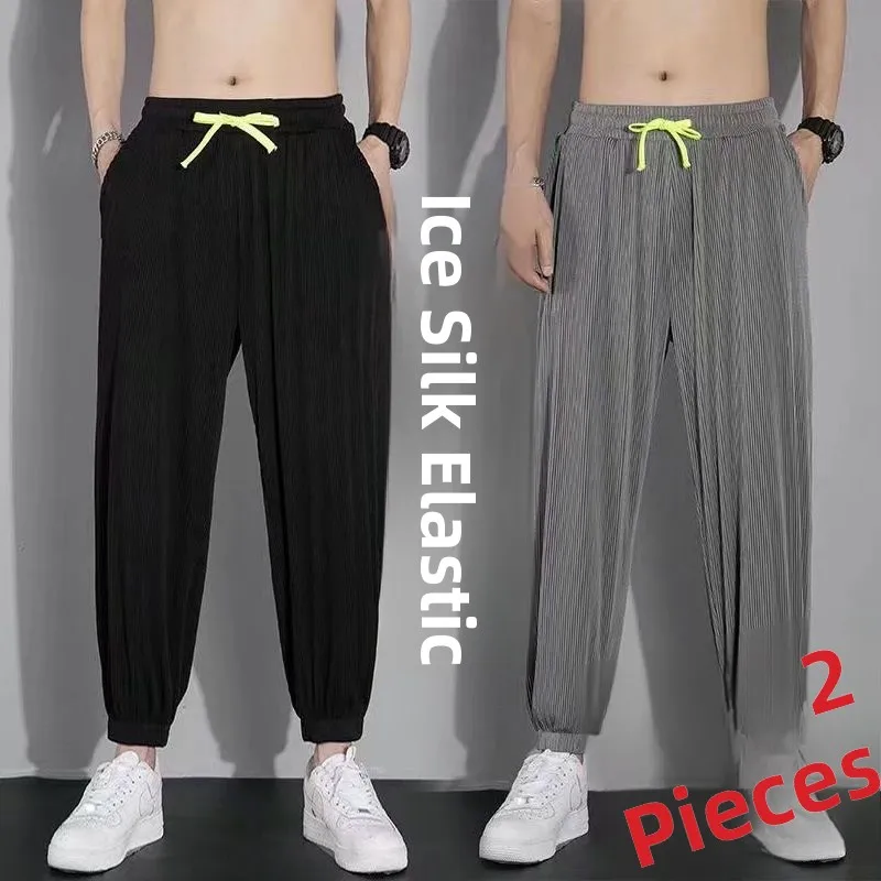 

Летние эластичные брюки из ледяного шелка, мужские свободные тонкие спортивные штаны Qui Dry, защита от солнца, защита труда, износостойкие повседневные брюки