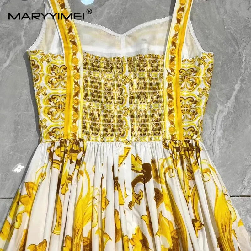 MARYYIMEI Fashion Designer Summer Woman\'s Cotton Square-neck Sexy Spaghetti Strap Backless Baroque Print Beach Style Dresses