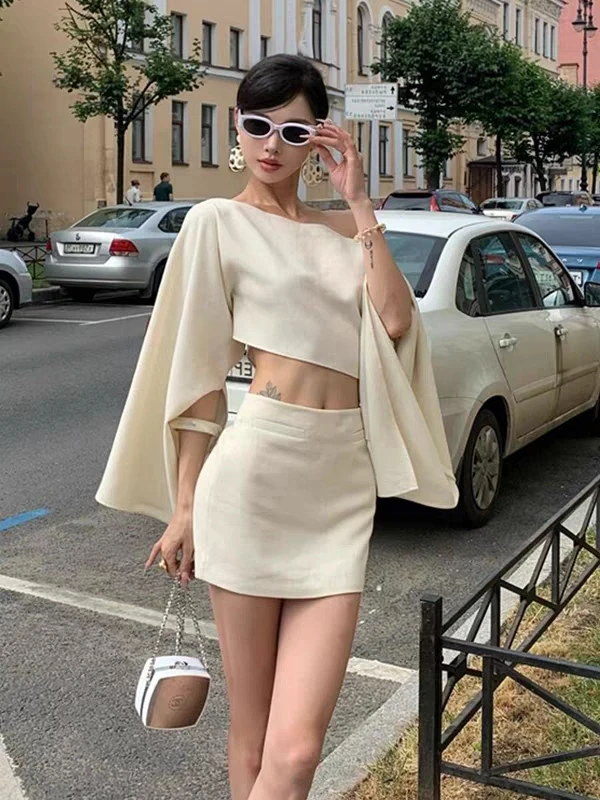 Set gonna da donna elegante in due pezzi High Street, colletto obliquo, manica lunga svasata, camicetta corta + minigonna