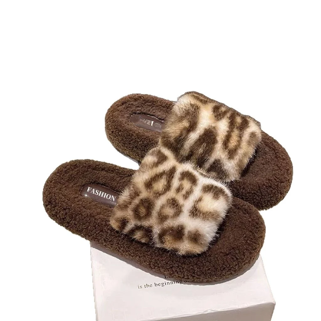 السيدات المألوف ليوبارد طباعة سميكة القاع نِعال من الفراء داخلي ملابس خارجية الخريف الشتاء المنزل مريح تنفس فرك...