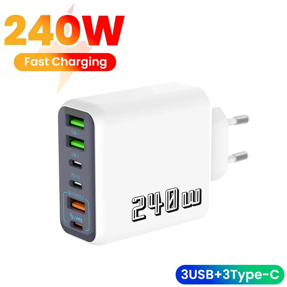 240W 6 Port USB C PD Fast Charger QC 3.0 Super Fast Charging