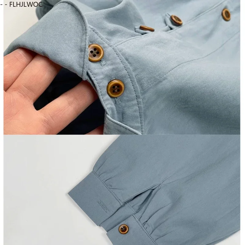 Blus Atasan Campuran Katun Kerah Peter Pan Wanita Saku Longgar Biru Rapi Gaya Jepang Kemeja Kancing Antik Retro Gadis Mori