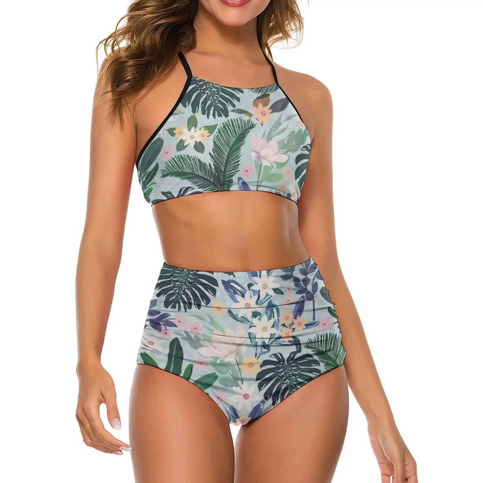 

Green Leaf Bikinis Set Tropical Floral Adjustable Bikini Swimsuit 2024 Sexy High Waist Swimwear Pool Graphic Retro Bathing Suit