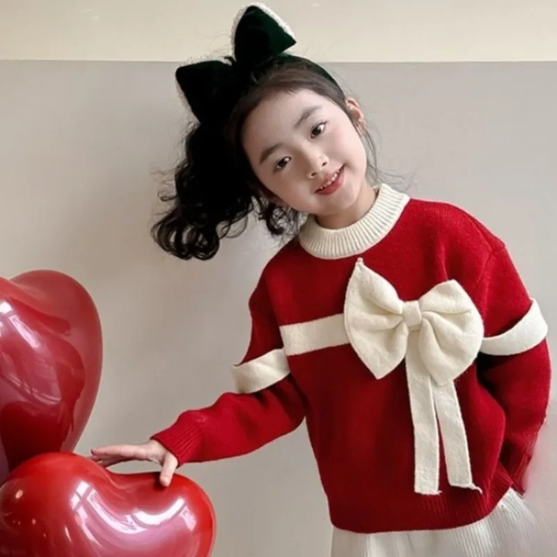 

Girl's Festive Red Fleece-Lined Thickened Warm Sweater with Bow Autumn Winter Base Layer Kids' Holiday Thick Sweater