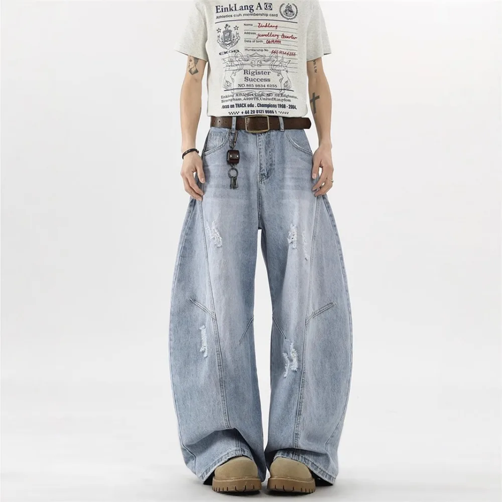 Summer Trendy Brand Design Sense Ripped Pants High Street Washed Mopping Trousers Scimitar Jeans Men