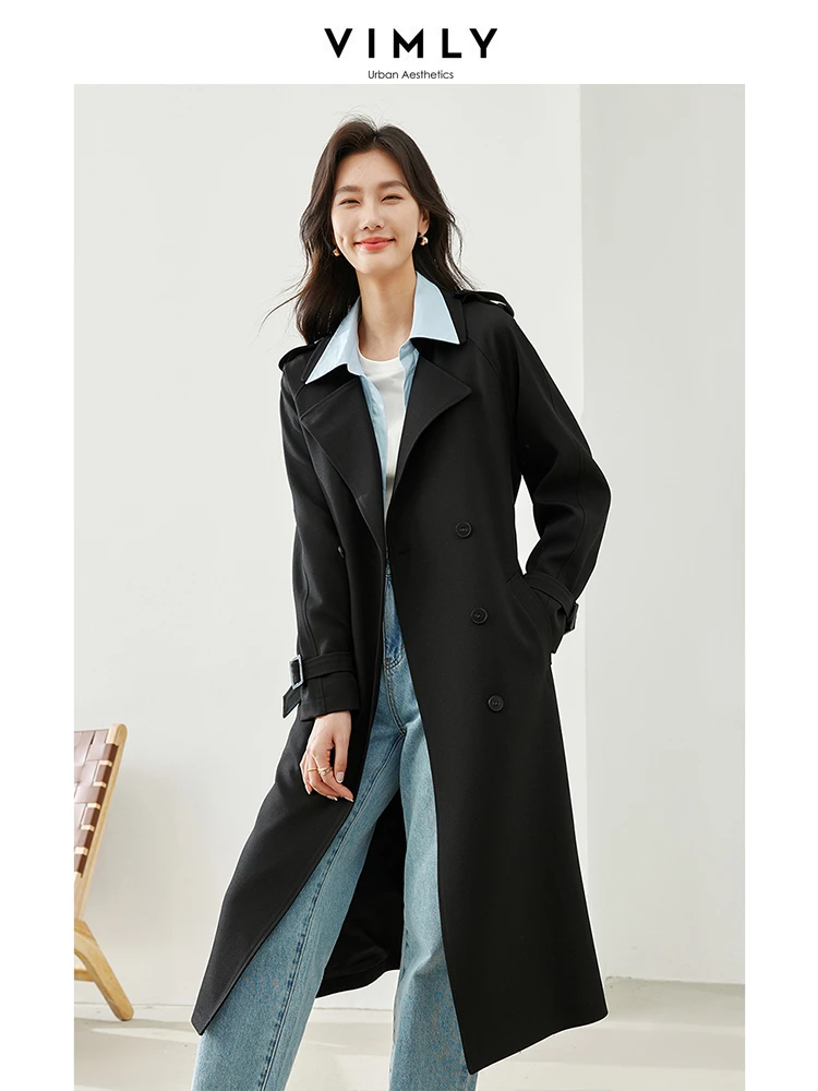 

Vimly Women's Black Long Trench Coat 2024 Spring England Style Fashion 2 in 1 Double Breasted Tie Belt Longline Outwears M5886