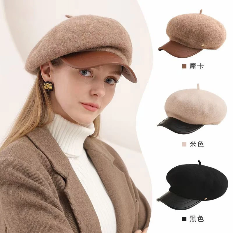 Duck Tongue Cap Leather Brim Autumn Winter Hat women's Beret Literary Retro Leisure Warm Newsboy Caps Hot