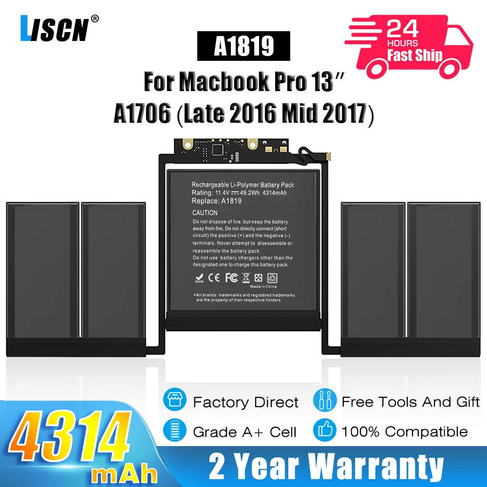 

LISCN 11.4V A1819 Battery for Apple MacBook Pro 13'' Touch Bar A1706 (Late 2016 Mid 2017) EMC 3071 EMC 3163 MLH12LL/A 4314mAh