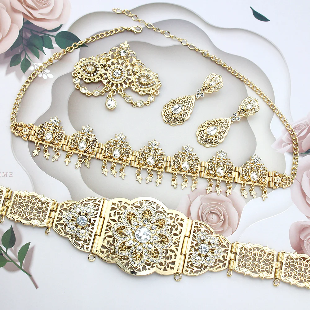 Sunspicems Chic Algeria Bride Jewelry Sets 18K Gold Color Caftan Belt Brooch Earring Hairchain Morocco Women Wedding Bijoux Gift