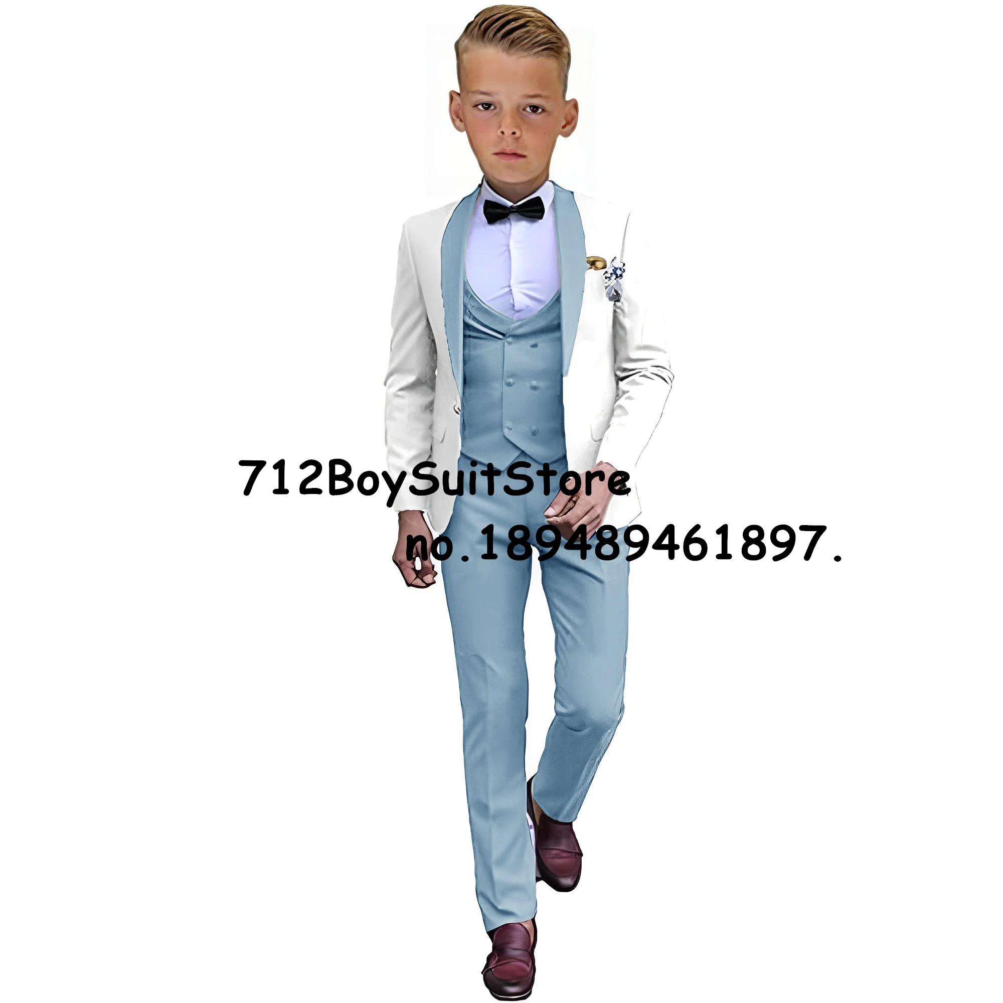 Traje azul para niños, chaqueta de esmoquin para boda, pantalones, chaleco, conjunto de 3 piezas, ropa completa para niños de 2 a 16 años