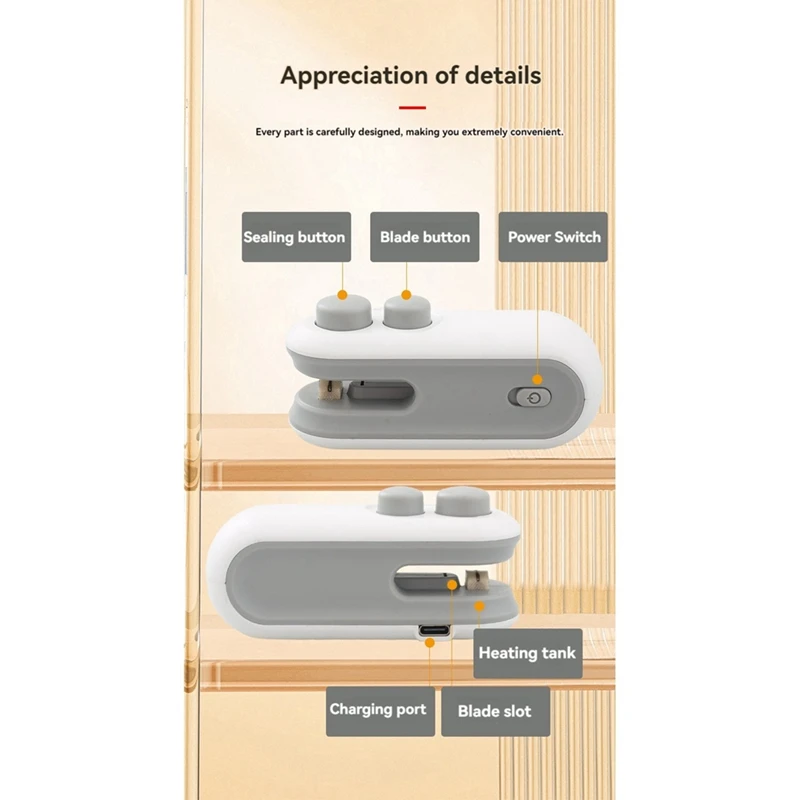 เครื่องซีลถุงขนาดเล็ก2ชิ้นเครื่องซีลถุงชิปชาร์จ USB ได้เครื่องมือปิดผนึกความร้อนเครื่องปิดผนึกอาหารแบบพกพาเครื่องซีลถุง