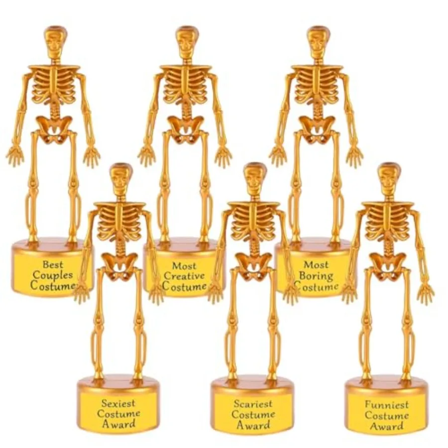 6pcs Halloween Best Costume Skeleton Trophy, Gold Skull Bone Contest Event Trophy Party Favor Prize Game Award Reward Treat wit