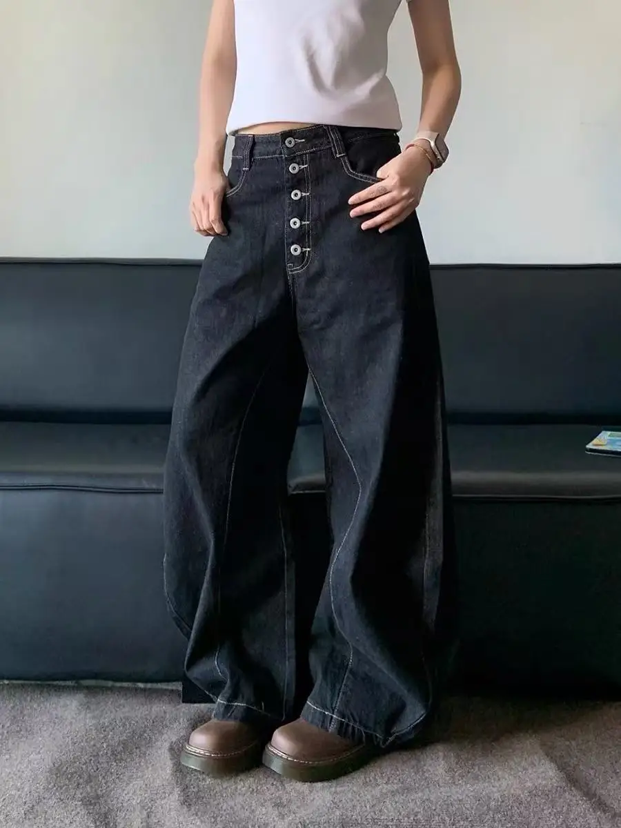 

American Retro Cleanfit Button Bla Original Jeans Loose Wide Leg Pants Men Women Casual Wear All Seasons Straight Cut Jeans