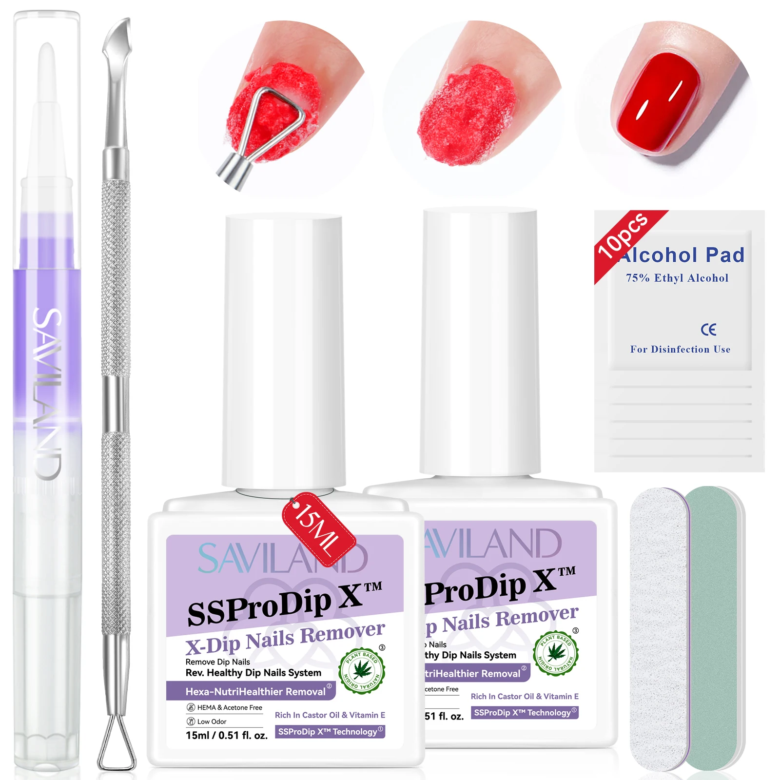 

SAVILAND Профессиональное средство для снятия гель-лака (2 шт.) без замачивания и обертывания, мягкое, быстрое, с маслом для кутикулы и пилочкой для ногтей, 0.5 фл. унции, для дома и салона