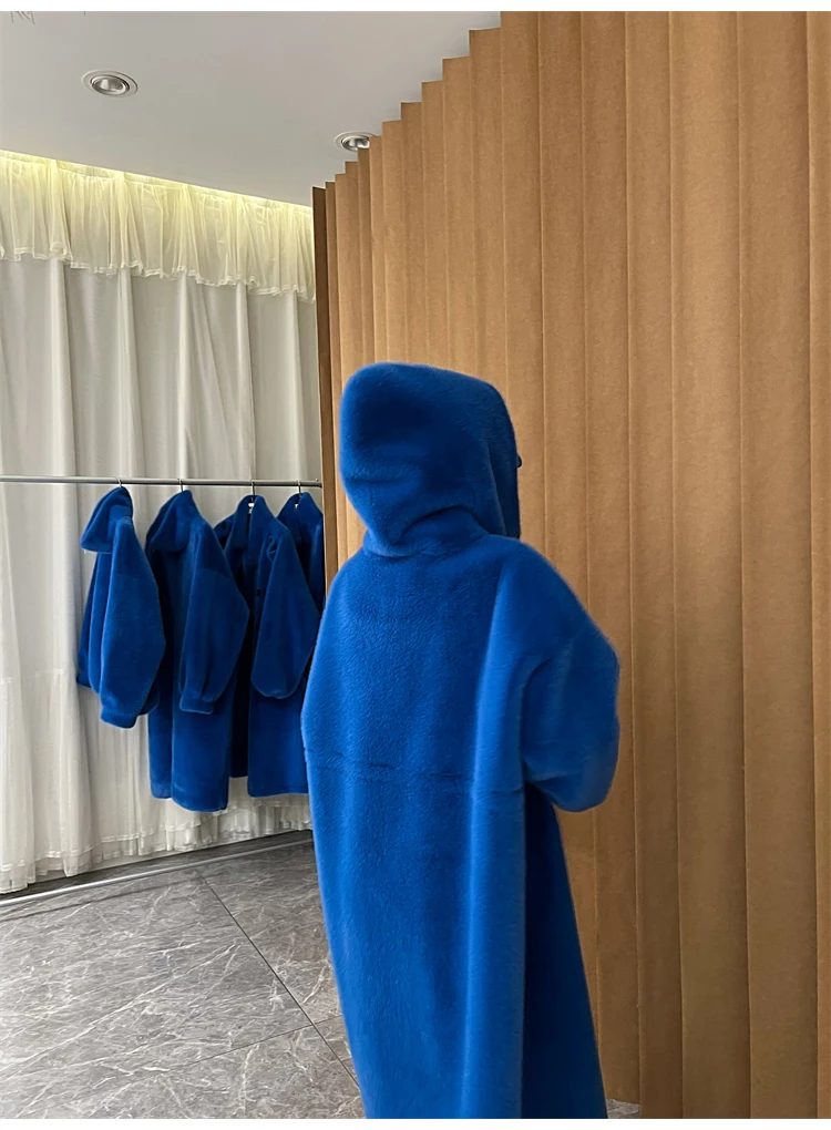 Lautaro Winter Long Oversized Warm Thick Blue White Fluffy Faux Fur Coat Women with Hood 2022 Loose Casual Korean Style Fashion