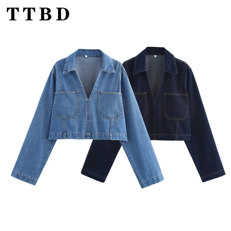 

TTBD 2024 New Autumn Ladies Casual Short Denim Shirt Jacket Long Sleeve Large Pocket Fashion All-Match Blouse