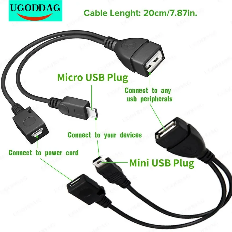 미니 마이크로 USB OTG 어댑터 호스트 전원 Y 분배기 USB-마이크로 5 핀, 남성 여성 케이블 화재 스틱 안드로이드 전화 액세서리