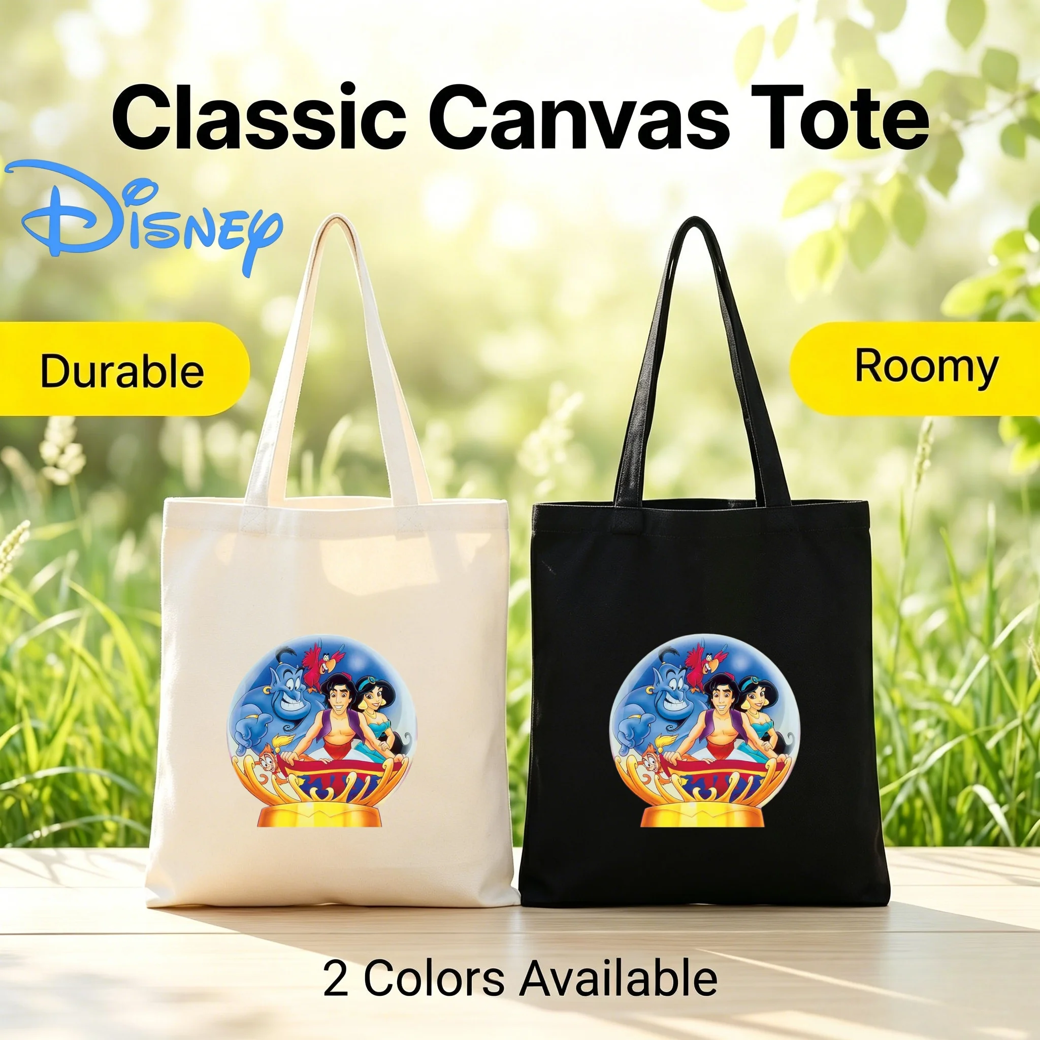 Bolso de hombro de lona de doble cara con estampado de personajes de Disney Aladdin, bolso ecológico, 1 ud.
