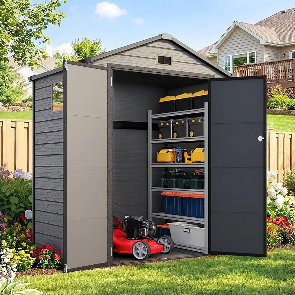 

Сарай для хранения на открытом воздухе 6x4 с полом, пластиковыми запирающимися дверями, окнами и вентиляционными отверстиями - идеально подходит для садовой мебели, садового инвентаря, велосипедов и т.д.