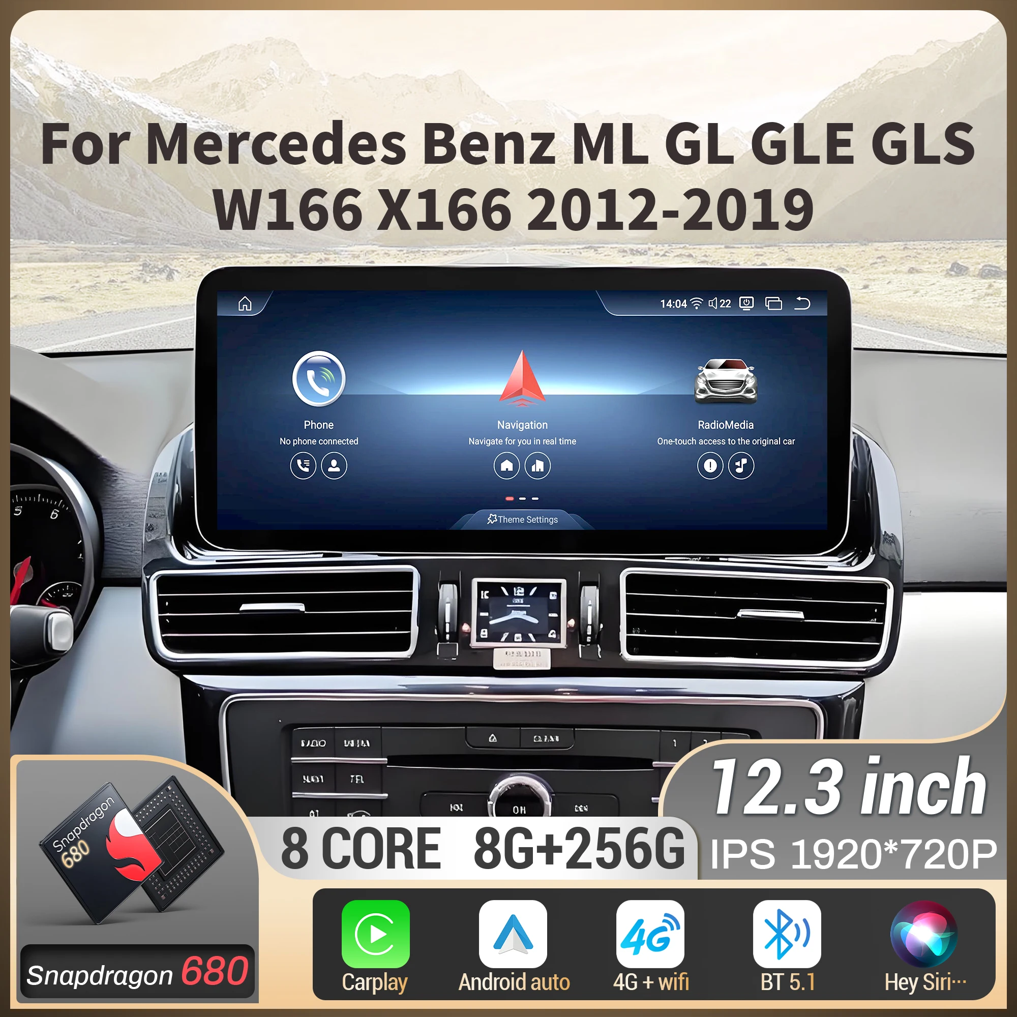 

12.3inch Car Radio For Mercedes Benz ML GL GLE GLS W166 X166 2012 2013 2014-2019 Wireless Carplay Snapdragon 680 Touch Screen