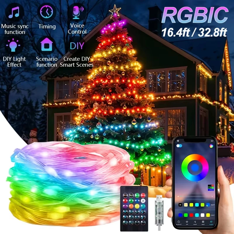 RGBIC USB LED String Lights DIY Outdoor Christmas Tree Decor Fairy Lights 8 Modes Bluetooth APP For Wedding Holiday Lighting
