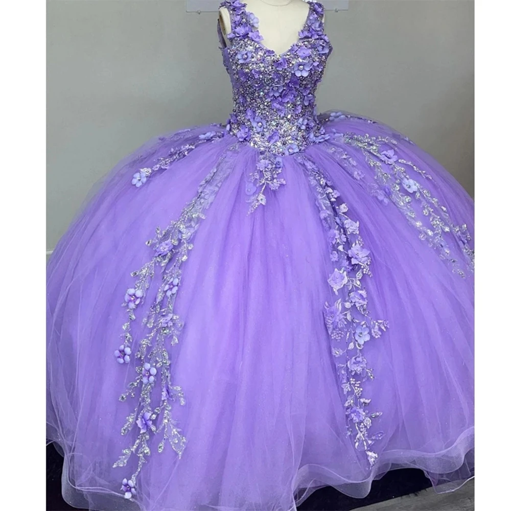 

ANGELSBRIDEP, Лавандово-сиреневые платья 15 Quinceañera, 3D Цветочные кружевные аппликации, V-образный вырез, фатиновое платье